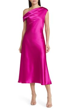 Formal Pink Satin Midi Dress, Pink Satin Midi Dress With Bias Cut, Satin Midi Dress With Straight Neckline For Dinner, Pink Satin Bias-cut Midi Dress, Dinner Satin Midi Dress With Straight Neckline, Pink Satin Midi Dress For Evening, Pink Satin One-shoulder Dress For Cocktail, Silk Off-shoulder Cocktail Midi Dress, Pink Satin One-shoulder Dress With Asymmetrical Neckline