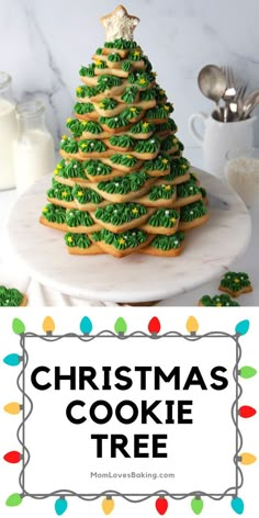 a christmas cookie tree on a plate with the words christmas cookie tree in front of it