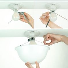 the hands are working on lighting fixtures in this photo collage that shows how to adjust the light fixture