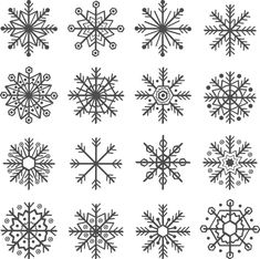 the snowflakes are drawn in different styles and sizes, including one that is black