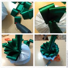 four pictures show how to make a green bow