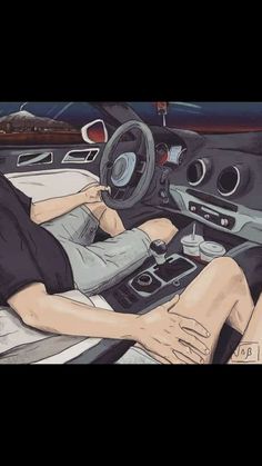 a drawing of a person sitting in a car with their feet on the steering wheel