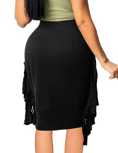 Black Solid Color Tasseled Skirt Spring Black Bottoms With Tassels, Black Casual Bottoms With Tassels, Casual Black Bottoms With Tassels, Black Tasseled Skirt For Spring, Black Fringe Skirt For Spring, Black Fringe Mini Skirt, Black Tassel Skirt, Black Fringe Skirt, Black Solid Color