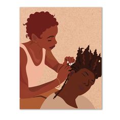 a woman cutting another woman's hair in front of a beige background with leaves on it