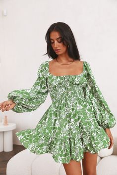 Length from bust to hem of size S: 60cm. Floral printed mini dress. Partially lined. Cold hand wash only. Model is a standard S and is wearing S. True to size. Non-stretchy cotton fabric. Elasticised bust area. No zipper. Slip-on style. Cotton. Goodbye Shy Words, 'cause it's time to face the facts - you're the cutest thing around! ESP in this piece which features puffy long sleeves and a flared-out skirt, you'll be glowing in all directions. Style yours with platform shoes and dainty jewellery. Yellow Long Sleeve Dress, Puffy Long Sleeves, Sorority Recruitment Outfits, Long Sleeve Homecoming Dresses, Recruitment Outfits, Plisse Dress, Bright Dress, Deep V Dress, Long Sleeve Cocktail Dress