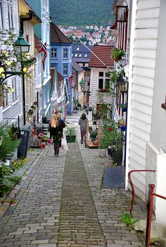 two people walking down a cobblestone street with houses in the backgroud