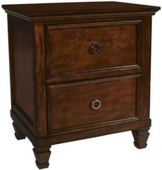 a brown wooden nightstand with two drawers