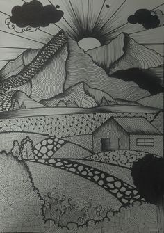 a black and white drawing of mountains with clouds in the sky over them, on paper