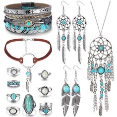 PRICES MAY VARY. ✨TURQUOISE JEWELRY SET: The western jewelry set includes 2 Pcs turquoise necklace, 2 Pairs turquoise dangle earrings, 1 piece of turquoise leather bracelet and a set of boho knuckle rings. The rich combination for your daily wear and matching. ✨BOHEMIAN JEWELRY: The boho turquoise jewelry set features the bohemian and retro style, and the turquoise shows deep, Power and warm meanings, Can bring you more chicness and charms. The detailed size has been explained in the picture,You Layered Bracelets Boho, Turquoise Jewelry Set, Bracelets Boho, Boho Turquoise, Chapeau Cowboy, Turquoise Pendant Necklace, Turquoise Earrings Dangle, Turquoise Boho, Turquoise Leather