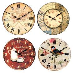 four clocks with different designs and numbers on them