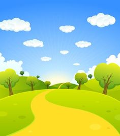 an illustration of a green landscape with trees and a yellow path leading to the sky