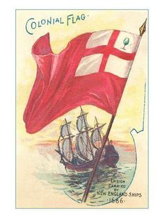 a postage stamp with a flag and ship in the water on it's side