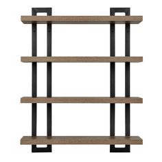 three wooden shelves with black metal brackets on the sides and one shelf has two open ends