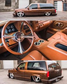 the inside and outside view of a brown truck with chrome rims on it's wheels