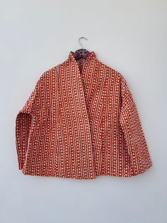 Reversible kantha quilted short kimono women's wear jacket gift for her Item details :- Color - Orange Measurement:- All Size M size Chest - 42 inches Length - 24 inches Sleeves - 16 inches L size Chest-44 inches Length- 26 inches Sleeves -17 inches XL size Chest - 46 inches Length - 26 inches Sleeves - 19 inches Handmade... For the very reason that each item has been handmade there is always an element of human error, whether it be a missed stitch or overlapping block print design. Yet for us t Kimono Jacket Pattern Free, Kimono Jacket Pattern, Handmade Jacket, Cotton Jackets Women, Mode Kimono, Kantha Jacket, Short Kimono, Women's Wear, Kimono Jacket