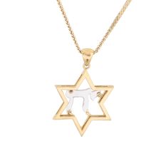 Behold this magnificent, large Gold Star of David with diamond Chai pendant! A thick 14k yellow gold Magen David frames a white-gold, diamond incrusted Jewish letter Chai. This modern Star of David outline framing a Chai pendant is presented in subtle 3D relief with delicate cut outs visible along the shiny gold sides. Fourteen diamonds pave the Chai, as it sits within the open Star of David, with space above and below to fill with love and spirit. The gold bears an ultra high-shine finish, whic Spiritual White Gold Star Of David Jewelry, Chai Hebrew, Star Of David Gold Necklace, Gold Star Of David Spiritual Necklace, Gold Nickel-free Star Of David Necklace, Jewish Symbols, Hebrew Letters, Necklace Star, Star Of David Pendant