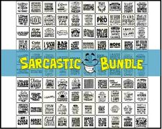 a poster with the words sarcastic bundle written in black and white, on top of a blue