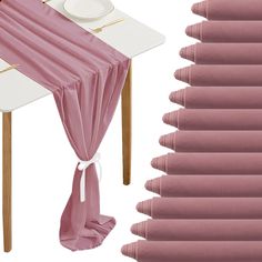 the table is covered with pink curtains and place mats