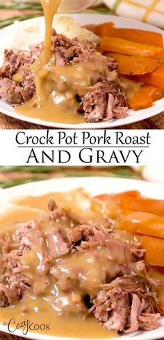 crock pot pork roast and gravy on a white plate with carrots