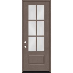 an exterior door with glass panels on the front and side panel, in dark brown