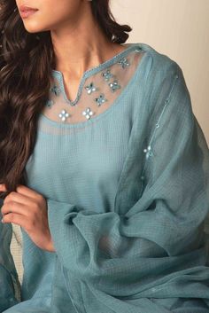 Organza Neckline Kurta, Kota Doria Suits Neck Design, Kurta Designs Women Pattern, Different Kurti Designs, Mirror Work Neckline, Neck Patterns For Kurtis, Kota Doria Suits, Stylish Kurtis Design, Blue Kurta