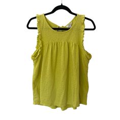 Time And Tru Sleeveless Top Size 8-10. Tie In The Back. Never Worn. Sleeveless Cotton Tank Top, Cotton Ruffled Tank Top, Green Sleeveless Vest For Spring, Green Cotton Tank Top, Green Cotton Summer Camisole, Summer Sleeveless Ruffled Tops, Yellow Sleeveless Top With Ruffles, Cotton Ruffle Cami Tank Top, Summer Sleeveless Cotton Tops