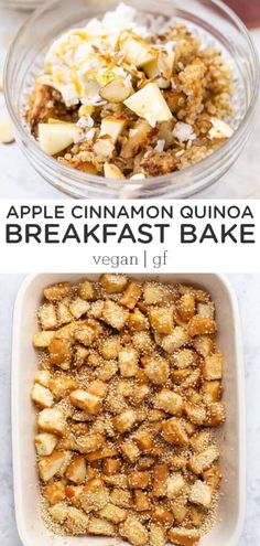 an apple cinnamon quinoa breakfast bake is shown in two separate dishes with the same toppings