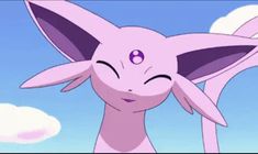 an animated pink pokemon character with eyes closed and ears wide open, standing in front of a blue sky