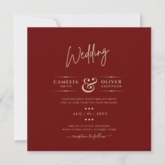 a red and gold wedding card with the word, wedding on it