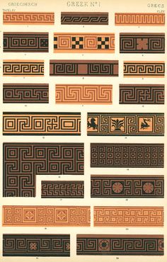 an old book page with different types of greek patterns and designs on the pages,