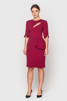 A splendid dark red dress featuring asymmetrical design, midi length and a peplum skirt. - neck cutout - asymmetrical design - peplum skirt - 3/4 sleeves with slits - midi length - concealed back zipper closure - fully lined Color: dark red Outer fabric: 40% viscose, 55% polyester, 5% elastane. Lining: 95% viscose, 5% elastane. Please choose from our measurements chart your dress size, or write us your body measurements, we then select the right size for you. Formal Cutout Mini Dress, Formal Mini Dress With Cutout, Elegant Cutout Dress For Party, Burgundy Midi Formal Dress, Elegant Cutout Midi Dress, Elegant Midi Dress With Cutout For Cocktail, Elegant Cutout Midi Dress For Cocktail, Knee-length Cutout Evening Dress, Cutout Knee-length Evening Dress