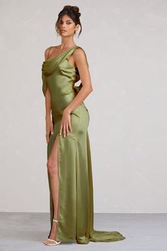 Jayne | Olive Satin Asymmetric Draped Split Maxi Dress Olive Green Dress Outfit Wedding, Midi Bridesmaid Dress, Olive Green Dress, Tousled Hair, Drape Maxi Dress, Formal Fashion, White Bodycon, Strappy Stilettos, Asymmetric Neckline