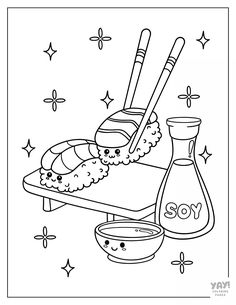 a coloring page with cooking utensils and an oil bottle on the counter top