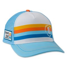 a blue and white hat with an orange, yellow, and blue stripe on the front