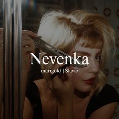 a woman holding a knife in front of her face with the words nevenka on it