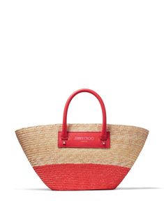 beige/red raffia leather trim interwoven design logo print to the front gold-tone stud embellishment two rolled top handles open top main compartment Raffia Tote Bag, Red Beach, Basket Tote, Jimmy Choo Bag, Woven Raffia, Fine Earrings, Ballet Flat Shoes, Open Top, Leather Trim