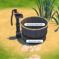 an animated image of a bathtub with two faucets on the ground and grass in the background