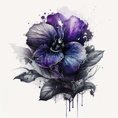 a purple flower with black leaves and watercolor splashes on the side, in front of a white background