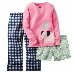 NEW WITH TAGS NWT  Carter's  Elephant Girls 3 Piece Pajama Set 3-piece set includes: long sleeve tee, pants & shorts Tee: crewneck, long sleeves Pants: elastic waistband, picot trim Shorts elastic waistband, vented hems Pants & shorts: polyester, garments are flame resistant Machine wash TERMS OF SALE All sales are returnable within 30 days of sale unwashed, unworn with tags still attached. Buyer is responsible for all shipping costs. Please email me with any questions you may have before biddin Reborn Clothes, Floral Elephant, Animal Pajamas, Girl Pajamas, Cotton Pjs, Checkered Pants, Clothes Girl, Dresses Boho