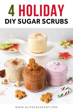 Learn how to make holiday sugar scrubs in 4 festive varieties: Christmas sugar cookie, gingerbread, eggnog, and peppermint candy cane! Christmas body scrubs with essential oils are great for inexpensive last minute DIY gifts. Each easy recipe smells AMAZING and leaves skin glowing. Make these in under 10 minutes – just put your homemade sugar scrub gift in a mason jar! Made with coconut oil for soft winter skin. #bodyscrub #sugarscrub #diygift #Christmasgift #holidaygift ALifeAdjacent.com Christmas Sugar Scrub, Christmas Sugar Scrubs, Gingerbread Eggnog, Diy Sugar Scrub Recipe, Cookie Gingerbread, Easy Homemade Gifts, Body Scrub Recipe, Sugar Scrub Homemade, Sugar Scrub Recipe