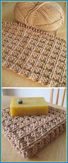 two photos showing the process of making a rug with yarn and soap bar on it