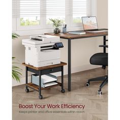 an office desk with a printer on it and the words, boss your work efficiency keeps printer and office essentials within reach