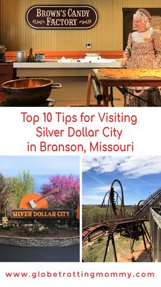 the top 10 tips for visiting silver dollar city in branon, missouri with text overlay