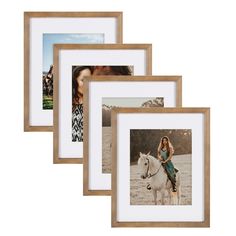 three frames with photos of a woman and a horse on the front one has a white horse in the middle