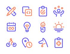 the icons are arranged in different colors and shapes, including an orange blue and white line