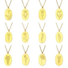 The most beautiful way to represent your loved ones. These Birth Flower Necklaces feature an engraved flower design that represents each month. This necklace is so charming you'll want to collect one for each of your loved ones. DETAILS & SIZE Composition: 18k gold plated over 316L Stainless steel Measurements: irregular pendant: 18x11mm; chain: 16" + 2" extension Lobster claw clasp Read about how to care for your jewelry here. Shop the Personalized Collection! Or shop Necklaces to start your ne Flower Gold Necklace, Flower Necklaces, Engraved Flower, Birth Flower, Birth Flowers, Flower Necklace, Flower Design, Free Shopping, Shop Necklaces