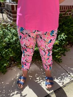 Lulu B Tropical Hot Pink Capris Pink Bottoms With Upf 50+ For Beach Season, Pink Bottoms With Upf 50+ For Vacation, Pink Upf 50+ Bottoms For Beach Season, Pink Summer Bottoms With Upf 50+, Summer Pink Bottoms With Upf 50+, Summer Beach Capris For Spring, Pink Bottoms With Upf 50+ For Summer, Spring And Summer Beach Capris, Pink Upf 50+ Summer Bottoms