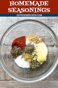 ingredients for homemade seasoning in a glass bowl on a wooden table with text overlay