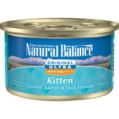 an open can of natural balance cat food with chicken, salmon and duck formula on a white background