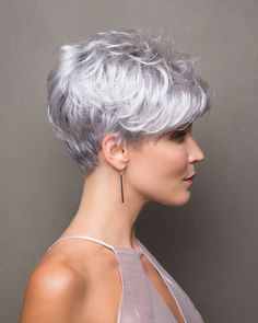 This bold unisex cut can be worn tousled for a rugged masculine look or styled into a soft, feminine silhouette. SPECIFICATIONS: Hair Type: Synthetic | Headsize: Average | Fringe: 4.5" | Crown: 3.9" | Nape: 1.4" | Weight: 2.5 ozs. Silver White Hair, Nails 2020, Winter Nail, Trending Hairstyles